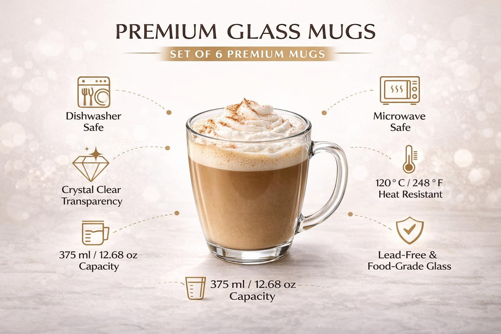 B Unique Clear Glass Coffee Mugs Set of 6, 12.6 oz – Heat Resistant & Lead-Free Drinking Glasses for Hot & Cold Drinks – Tea, Coffee, Latte, Juice, Milk – Dishwasher Safe