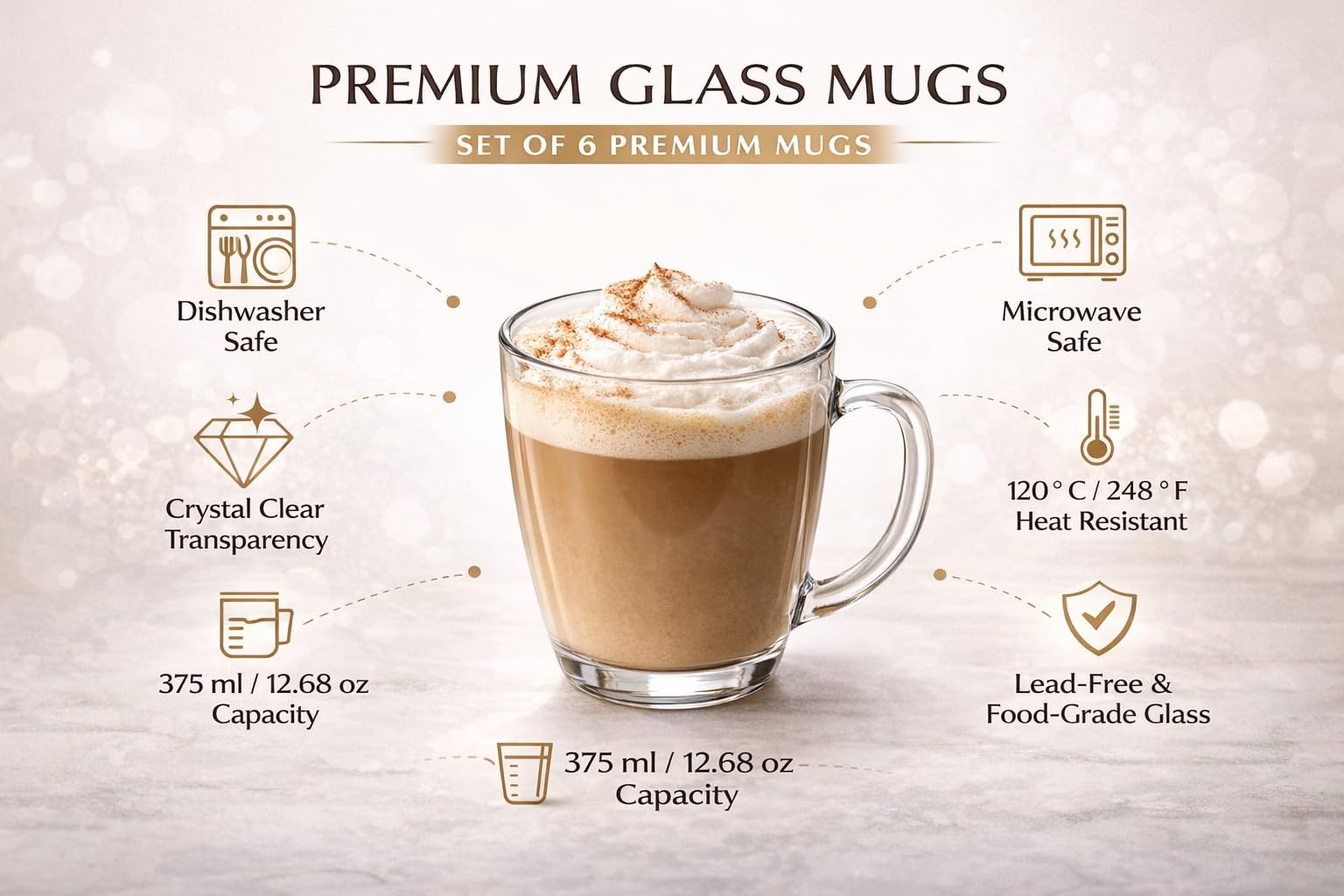 B Unique Clear Glass Coffee Mugs Set of 6, 12.6 oz – Heat Resistant & Lead-Free Drinking Glasses for Hot & Cold Drinks – Tea, Coffee, Latte, Juice, Milk – Dishwasher Safe