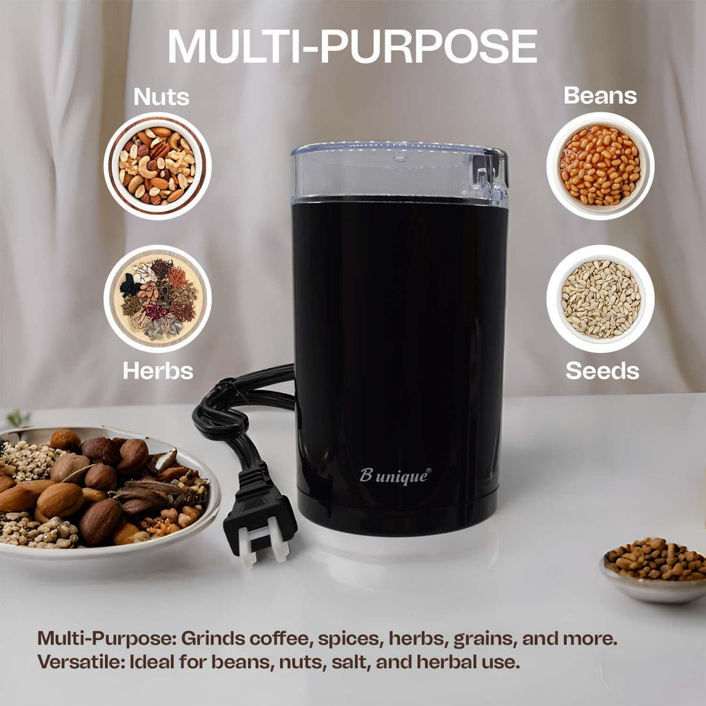 B Unique Electric Coffee & Spice Grinder, 300ml Stainless Steel Blades | Powerful Grinder for Beans, Herbs, Nuts & Seeds | Fast, Safe, Easy to Clean | Compact Kitchen Design