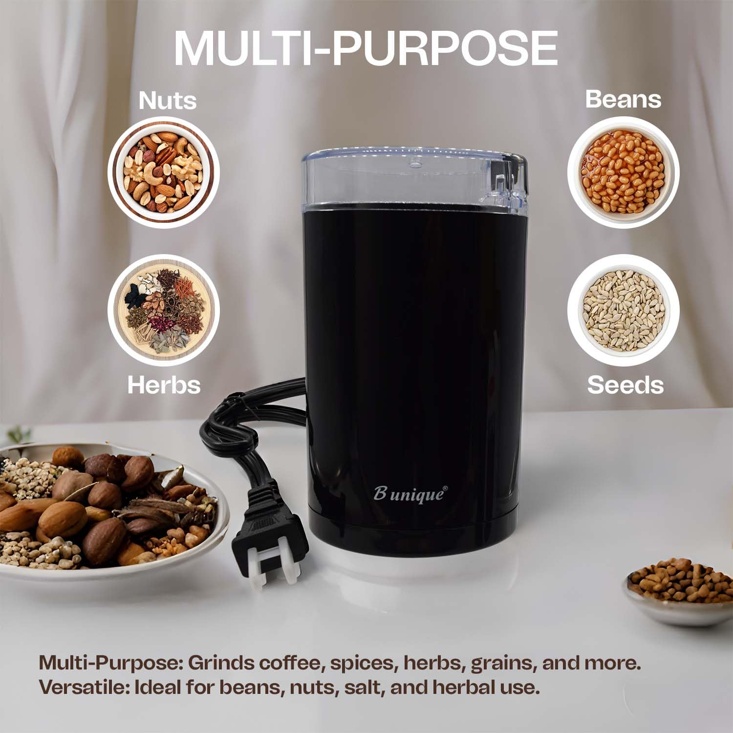 B Unique Electric Coffee & Spice Grinder, 300ml Stainless Steel Blades | Powerful Grinder for Beans, Herbs, Nuts & Seeds | Fast, Safe, Easy to Clean | Compact Kitchen Design