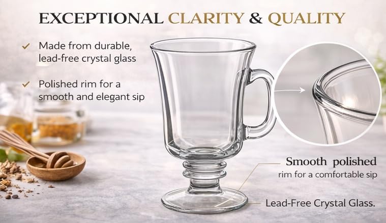 B Unique Lead-Free Irish Crystal Glass Set for Coffee, Mulled Wine, Tea & Other Beautiful Drinks for Entertaining – Pack of 2
